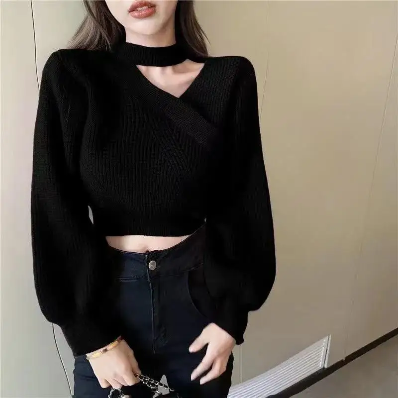 Women\'s Fashionable Hollow Out Solid Color Knitting Loose Halter Long Sleeve Pullovers Autumn Office Lady Irregular Sweater