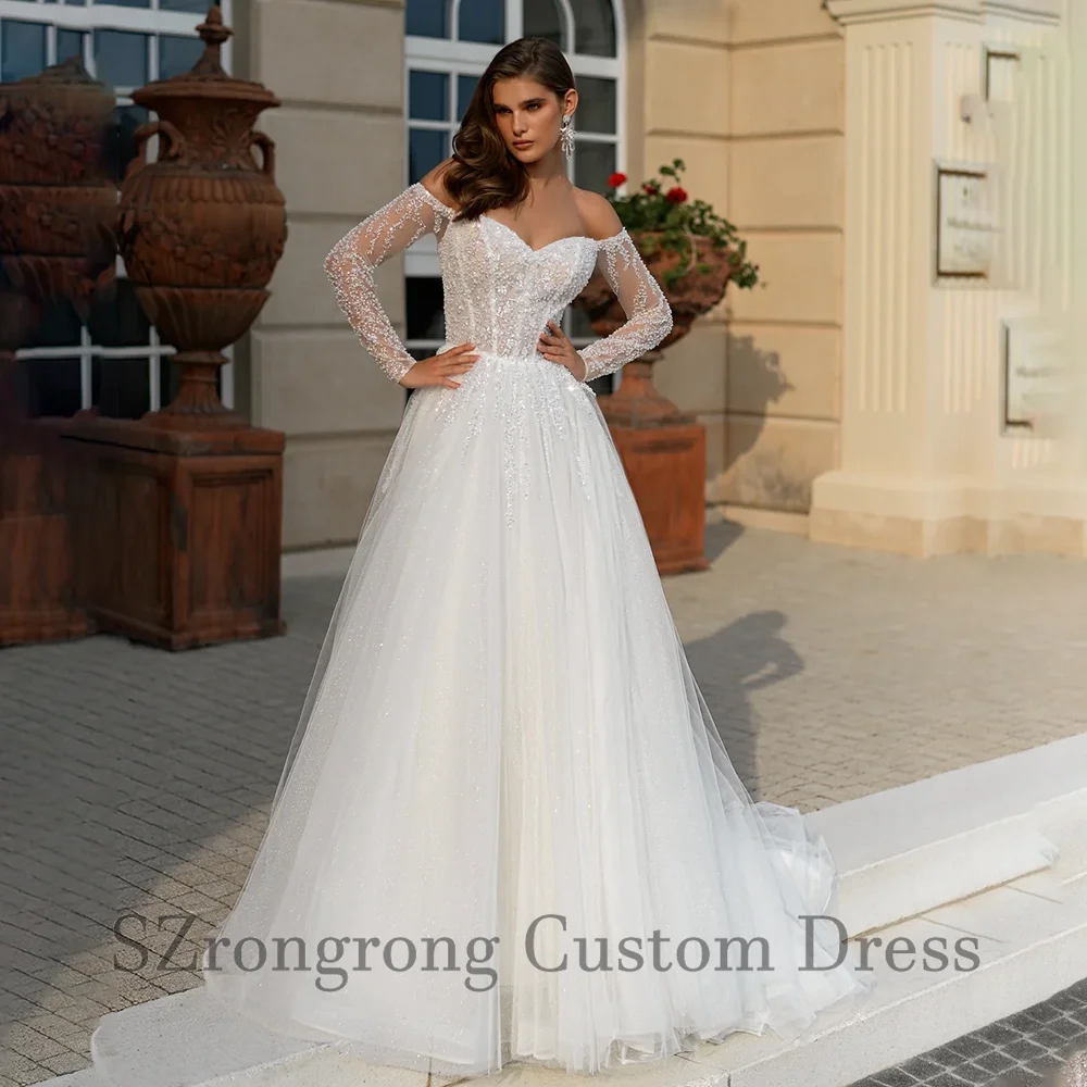 

V-neck Tulle A-line Boho Wedding Dress Long Sleeves Sequined Applique Lace Bridal Gown with Court Custom Made Vestidos De Novia