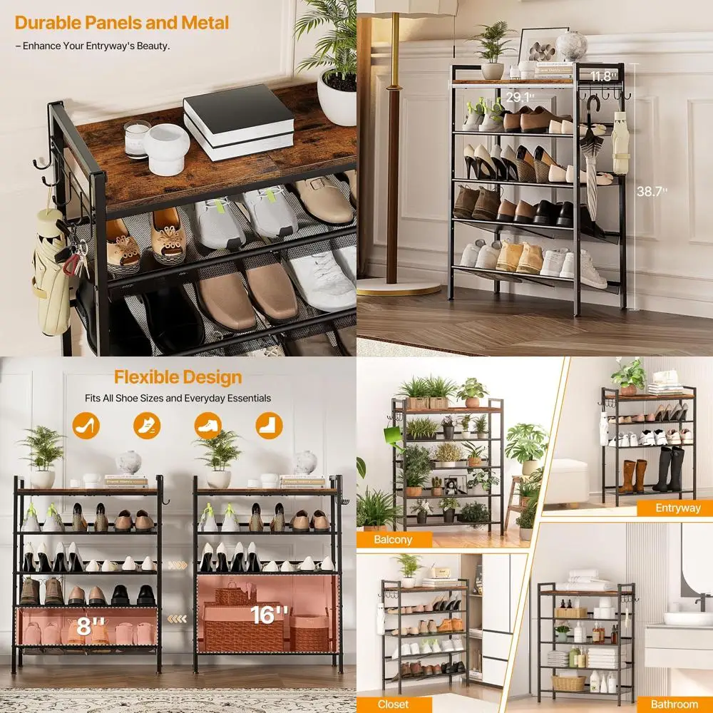 

5-Tier Adjustable Mesh Shoe Rack with Hooks for Entryway, Bedroom, Living Room, and Garage