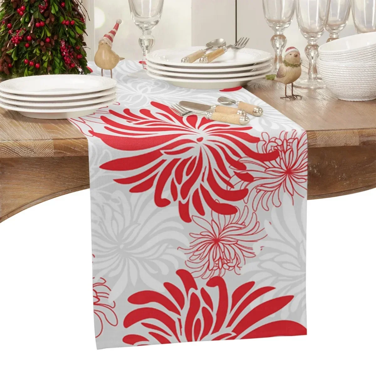 Red Chrysanthemum Texture Custom Table Runner Wedding Dining Decoration Xmas Dining Table Tablecloth