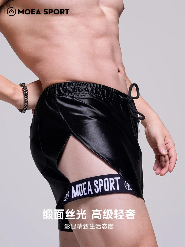 Glossy Hollow Out Men's Black Shorts Outdoor Fitness Plus Size Letter Print Sports Sexy Bottoms