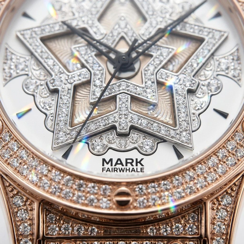 Mark Fairwhale Ladies Wrist Watch Quartz Movement Round Hollow Star Dial Fully Inlaid Rhinestone Leather Band for Women