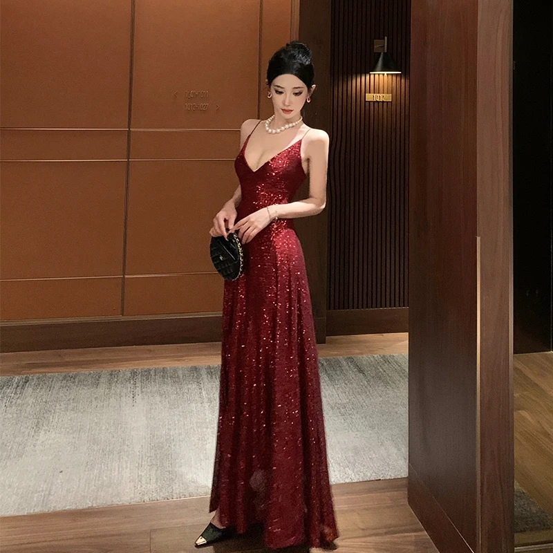 

Ретро-платье в гонконгском стиле, красное, без бретелек, в пол, женское, блестящее, с разрезом, вечернее, элегантное, длинное, без рукавов