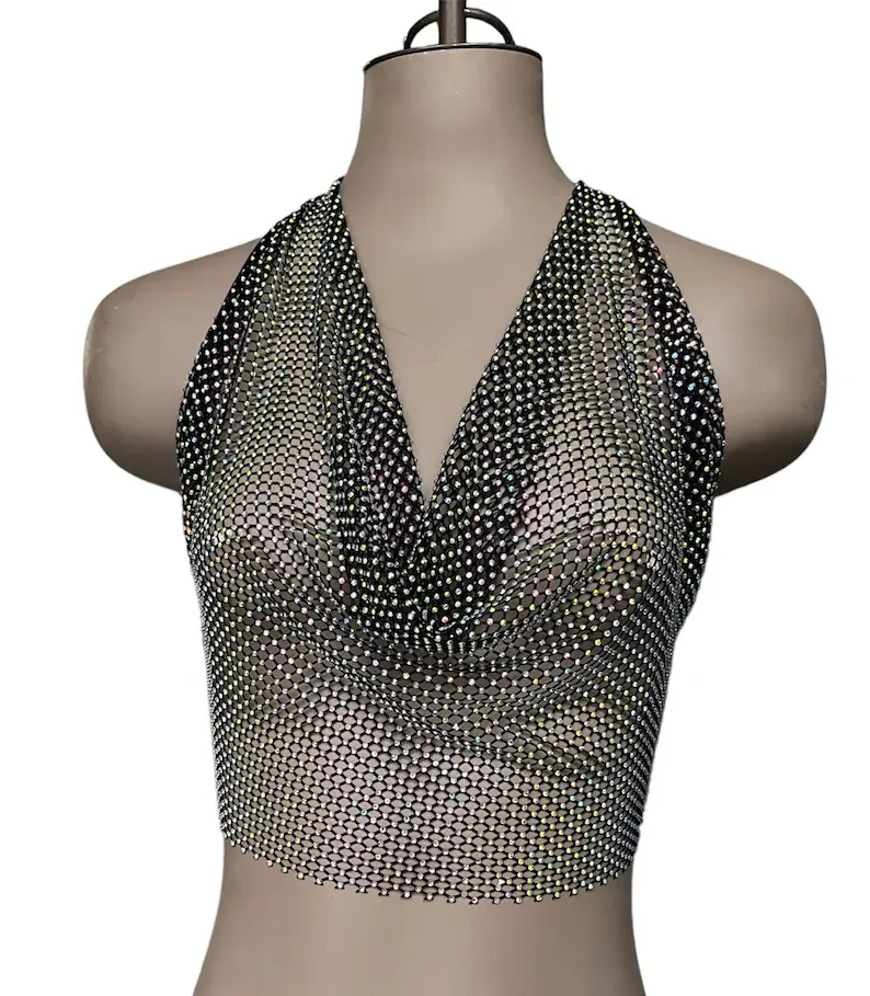 Damen Neckholder-Top mit Strass und Netzstoff, Cowl-Ausschnitt, Rückenfreies Wickeltop mit Selbstbindung, Transparentes Club-Party-Oberteil, Ärmellos, Sexy Bikini-Überzug – Detail 4