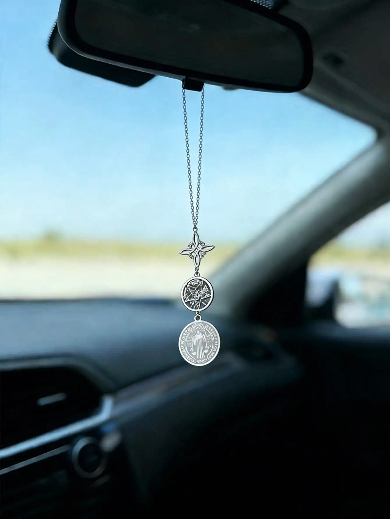 Triple Protection Spiritual Pendant - St. Benedict, Pentagram & Tetragrammaton, Stainless Steel Amulet for Car Rearview Mirror
