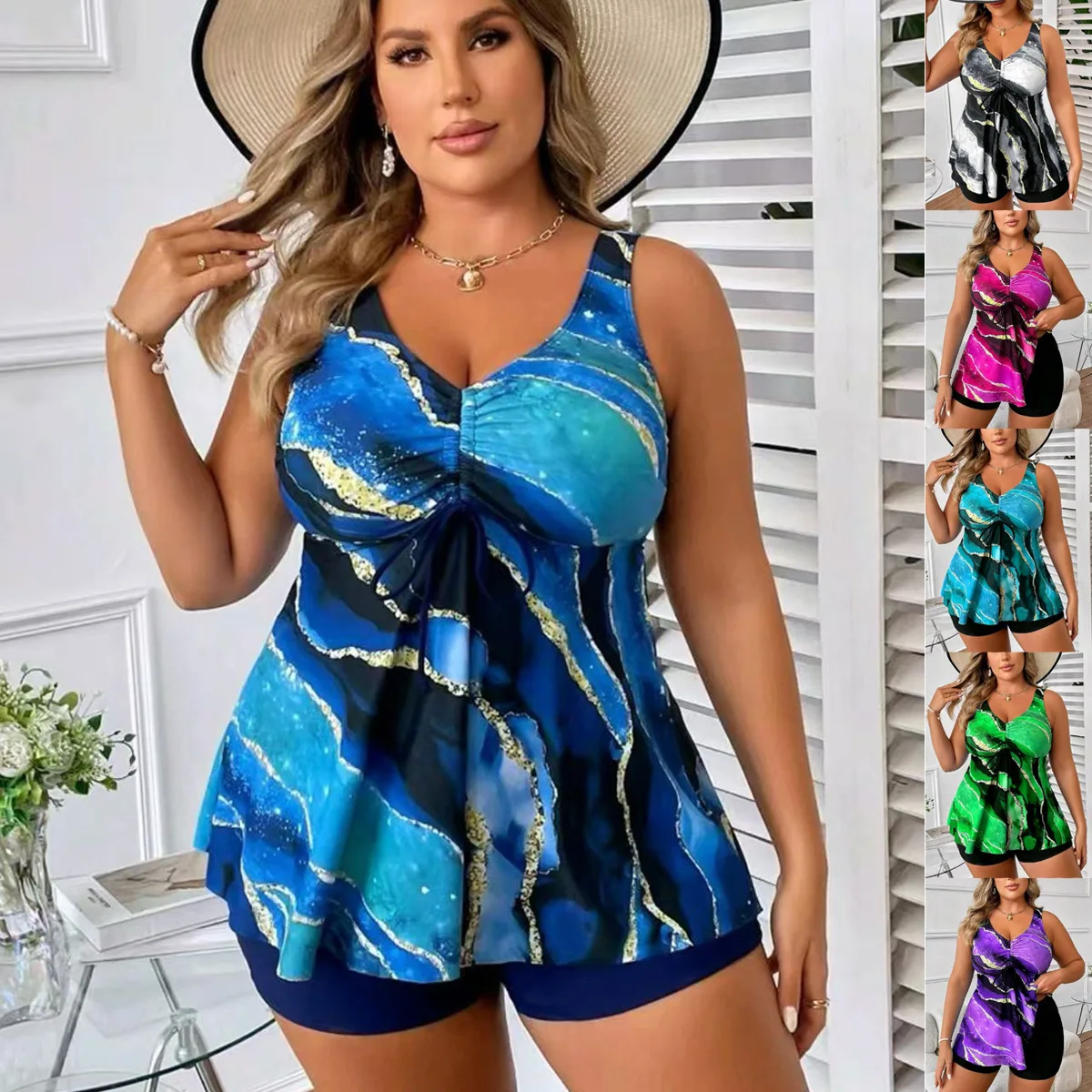 2025 Plus Size 4XL Tankini Swimsuit Set Women Skirted  High Waisted Two-Piece Swimwear with Tummy Control For Beach Vacation