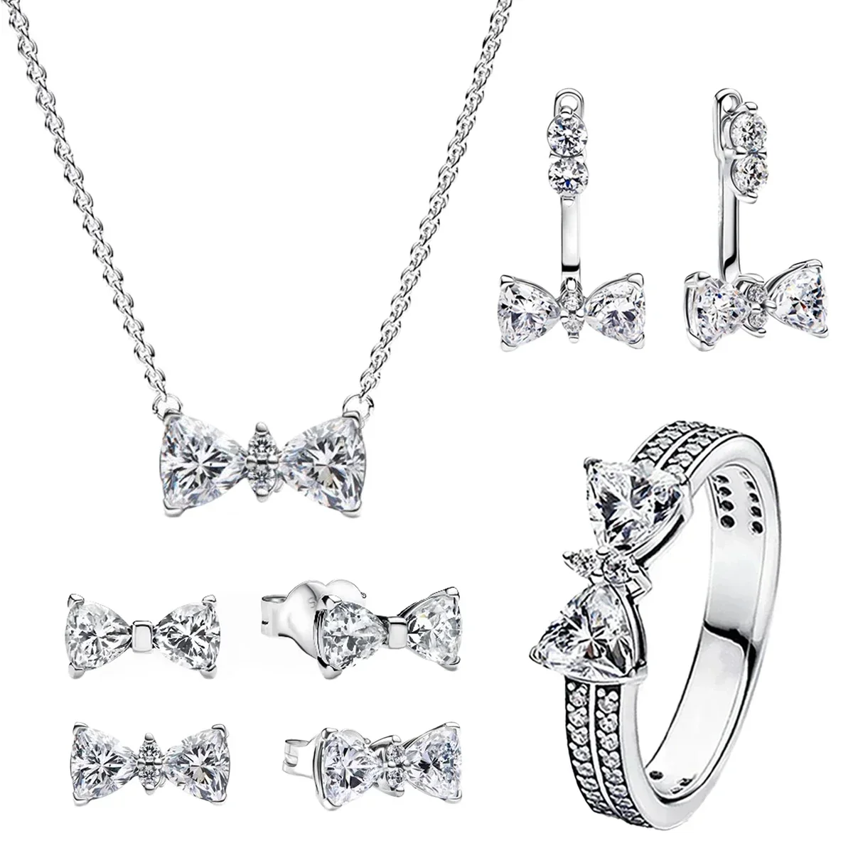 الملونة ربطة القوس فيونكة القلب مجموعة حلقة أقراط قلادة 925 فضة الزركون الساطع الدائري الأصلي DIY بها بنفسك النساء غرامة مجوهرات هدية #5