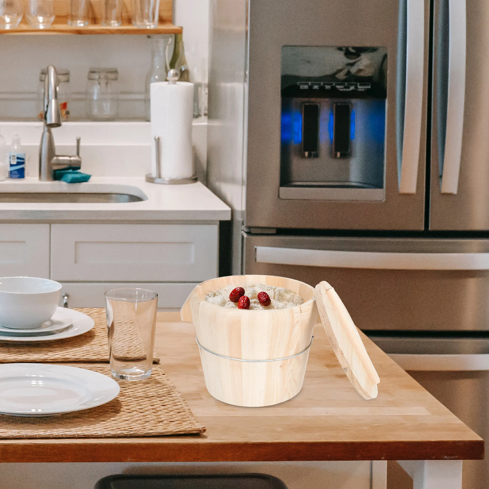 

1 Set Steamed Rice Bucket Premium Wooden Kitchen Container Detachable Bottom Smooth Polished Multi-Function Rice Storage Bucket