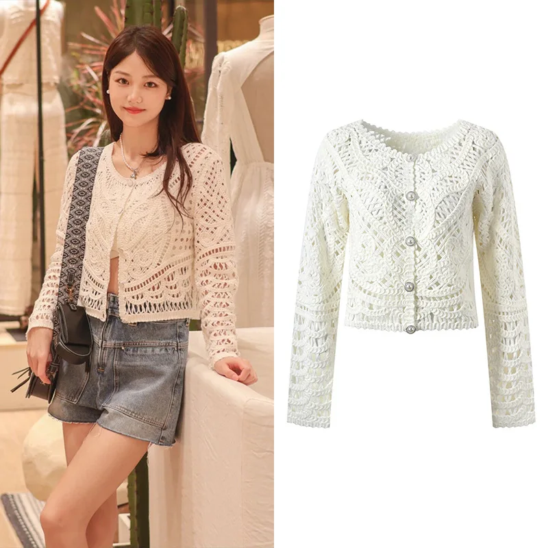 

Двусторонний носимый вязаный открытый кардиган, женский нежный кардиган с открытыми крючками и цветочным узором, смесь хлопка, весна-лето