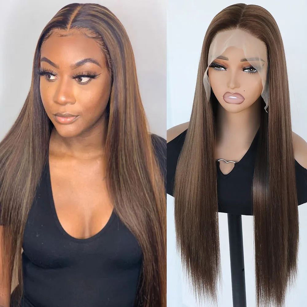 

Темно-коричневые смешанные цвета, длинные шелковистые прямые волосы, синтетические парики с кружевной передней частью 13x6, свободная линия роста волос, предварительно выщипанная натуральная линия роста волос, без клея