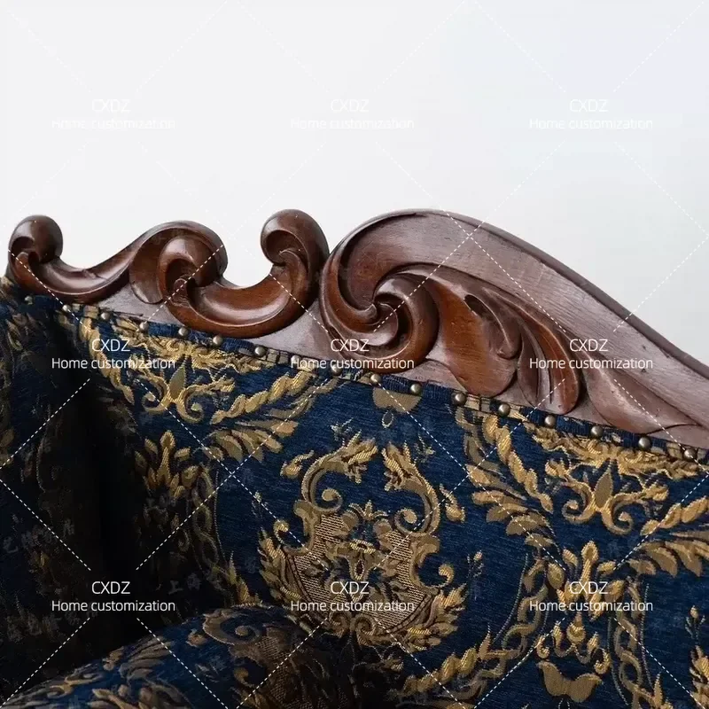 Medieval Classical Solid Wood Sofa Carved Backrest Fabric Multi Person Couch Living Room Furniture Customizable