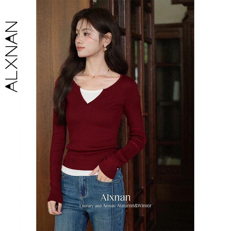 ALXNAN-camisetas rojas para mujer, camisetas ajustadas de manga larga con cuello en V, camisetas elásticas con paneles de punto de Color, novedad de Otoño de 2025 para mujer L569103