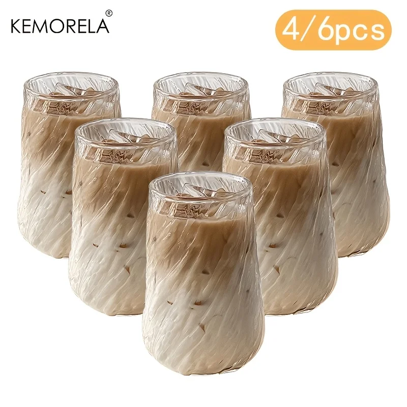 KEMORELA 4/6Pcs INS Glass Coffee Cup Ice Latte Juice Milk Cup Rotating Stripe Design Suitable for Office Restaurant Water Mugs