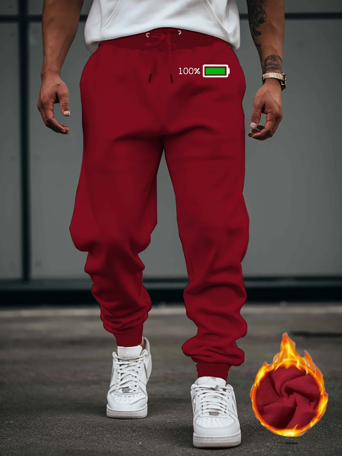 Playful‑street energy‑battery icon print graphic relaxed loose cut sweatpants men hip hop sports casual jogger pants