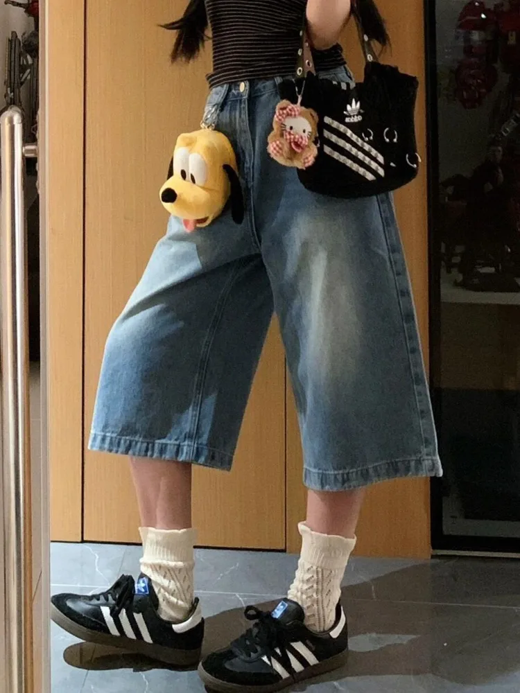 

American Washed Denim Shorts for Women Summer Vintage Straight Wide Leg Jeans Pants 2025 New Loose Calf- Length Pants