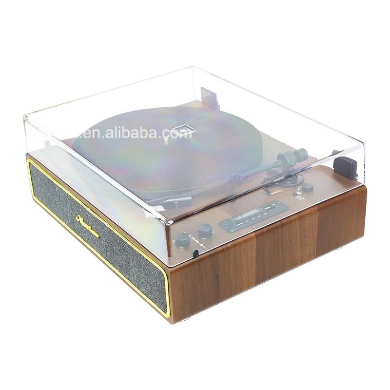 Walnut Wood Portable  Dust Cover 2.0 Speakers Can Be FM Radio Vinyl Turntable Record Player