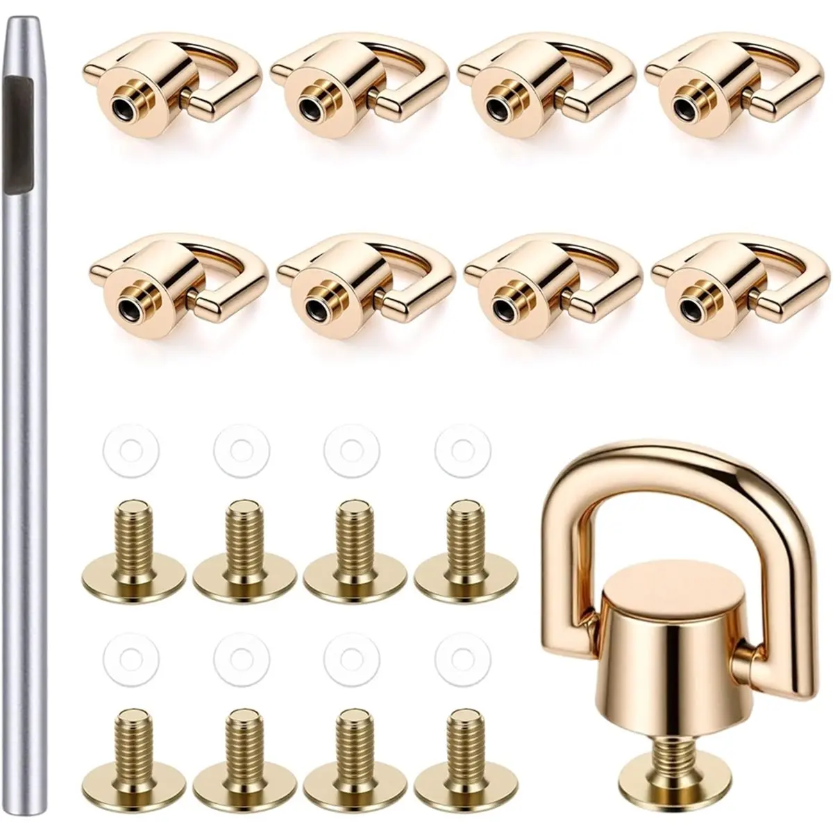 PROMOTION!8 PCS D Rings for Purse, Brass D Ring Studs Rivets Purse Strap Hardware with Punch Tool -for Leather Handbag Belt DIY