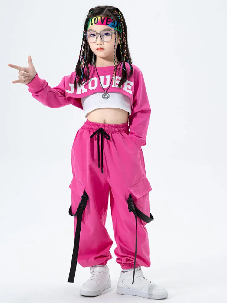 Criança hip hop traje kpop outfits para meninas moletom colheita superior camisa de manga longa tanque calças carga crianças roupas de dança rua