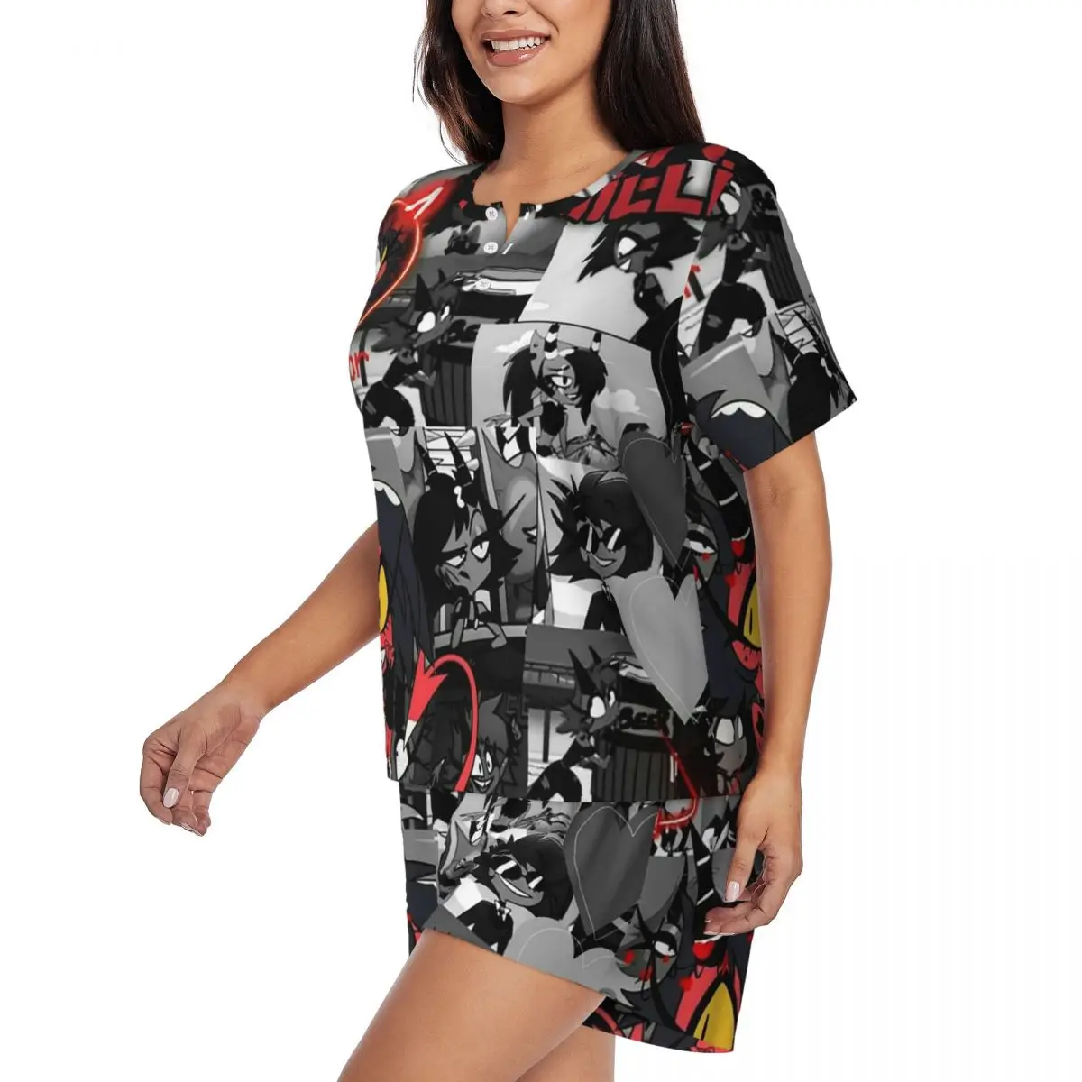 Anime Helluva Boss Millie Round Neck Short Sleeves Nightdress for Sleeping Sleepshirts Women Loose Pajama Set Short Pants 5