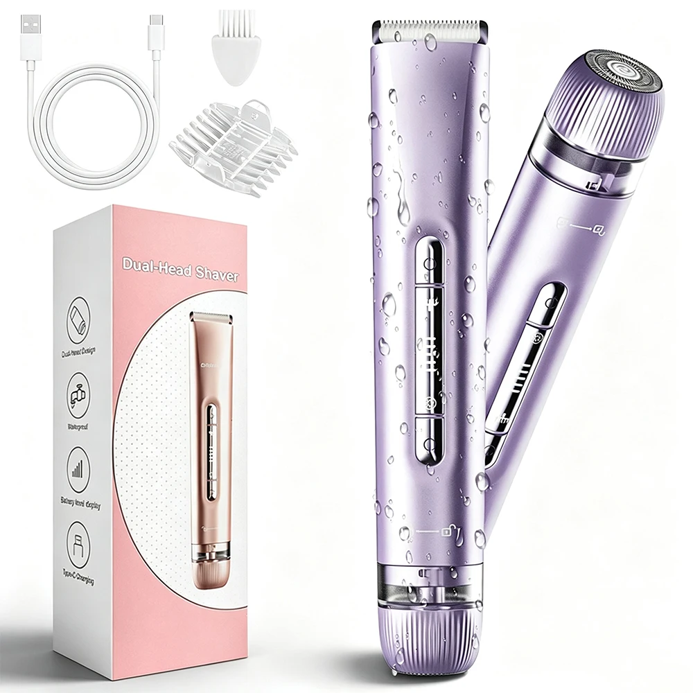 2-in-1 Dual Head Electric Shaver, Wet Dry Bikini Trimmer Facial Body Pubic Hair Remover Razor for Women Underarm Leg Private