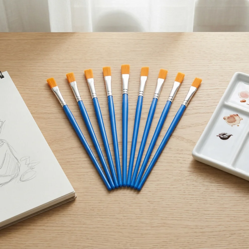 Multi-Pack Blue Plastic Handle Paint Brushes, Pointed & Flat Tip for Acrylic Watercolor Oil, Artist Supplies for Beginners