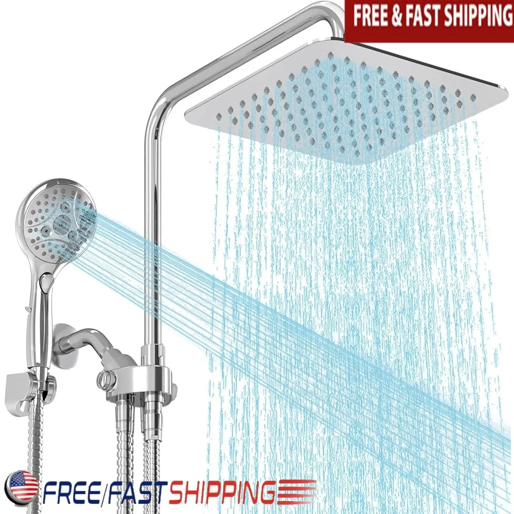 

10-дюймовая двойная насадка для душа, комбинированный дождевой душ высокого давления, 7 режимов, ручной спрей, регулируемый ползунок, простая установка, хромированная отделка