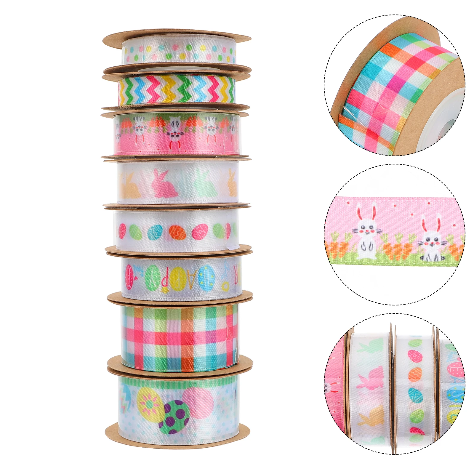 

8 Rolls Bunny Print Ribbons Decorative Easter Craft Supplies Gift Wrapping DIY Home Decor Plaid Ribbon Creative Material