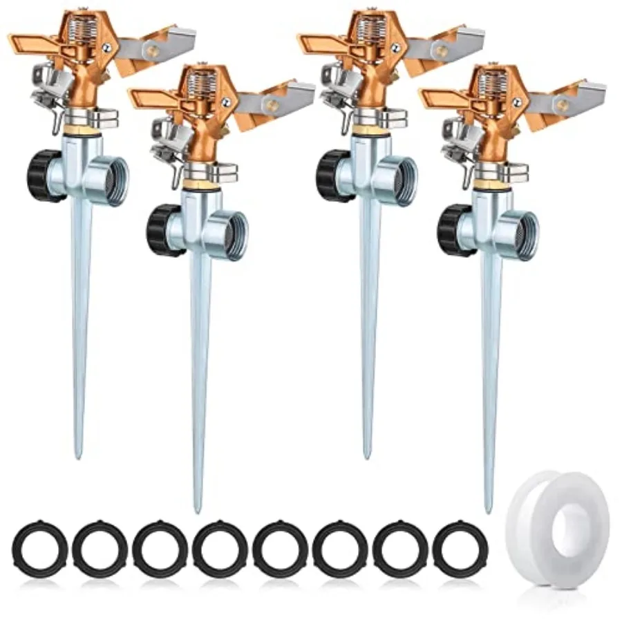 

4 Pieces Brass Impact Lawn Sprinklers for Yard Heavy Duty Water Sprinkler Head with Zinc Alloy Spike Base 360 Degree Automatic