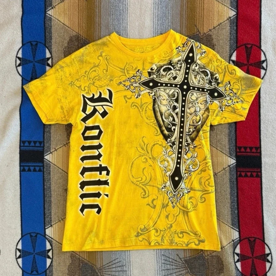 NEW Gothic Metal Wings 3D Cross Embossed Print Yellow T Shirt Series Men Women Oversized Tee Goth Punk Streetwear Casual Top