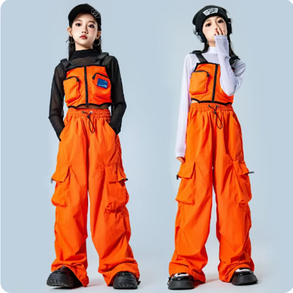 Ropa de baile de Jazz naranja para niñas, traje de escenario Kpop, ropa de baile callejero de Hip Hop, disfraz de desfile de moda para niños, chaleco, pantalones Cargo, 2025