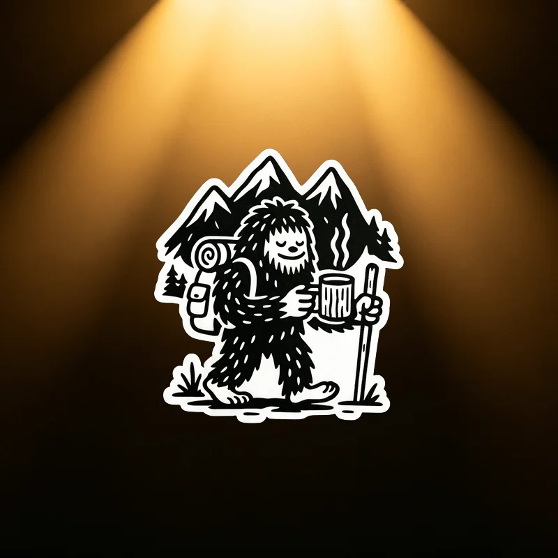 Retro black and white Bigfoot backpack sticker, cute Bigfoot with coffee cup hiking sticker, wilderness exploration sticker