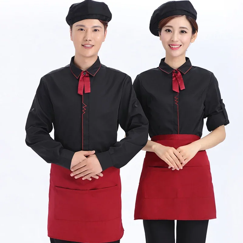 Hotel Restaurant Waiter Uniforms Coffee Shop Waitress Long Sleeve Work Shirt+Apron+Tie Set Beer Bar Worker Clothing Wholesales