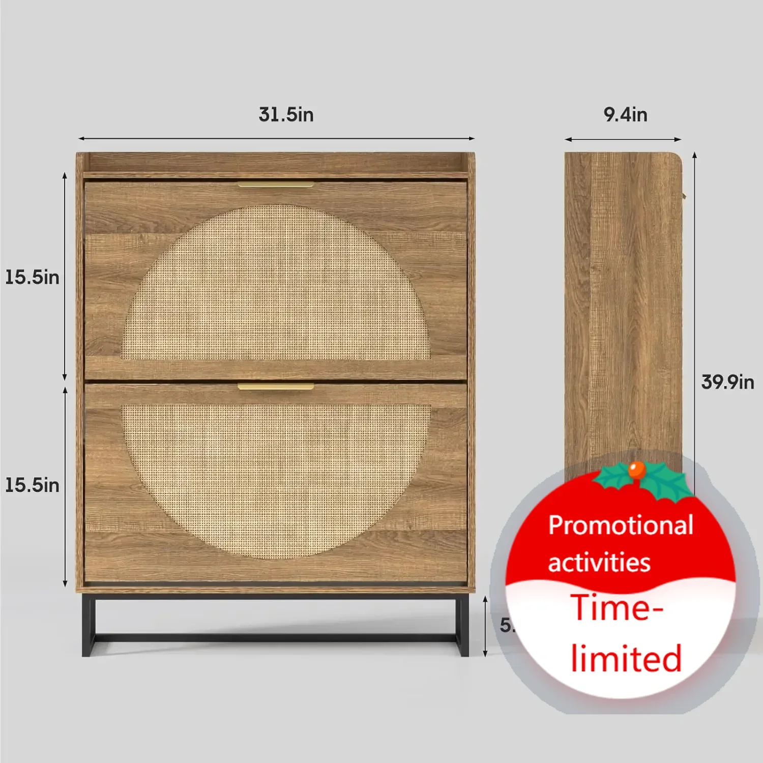 

High quality Rattan Shoe Storage Cabinet with 2 Flip Drawers, Freestanding Shoe Organizer with Metal Legs for Entryway, Hidden