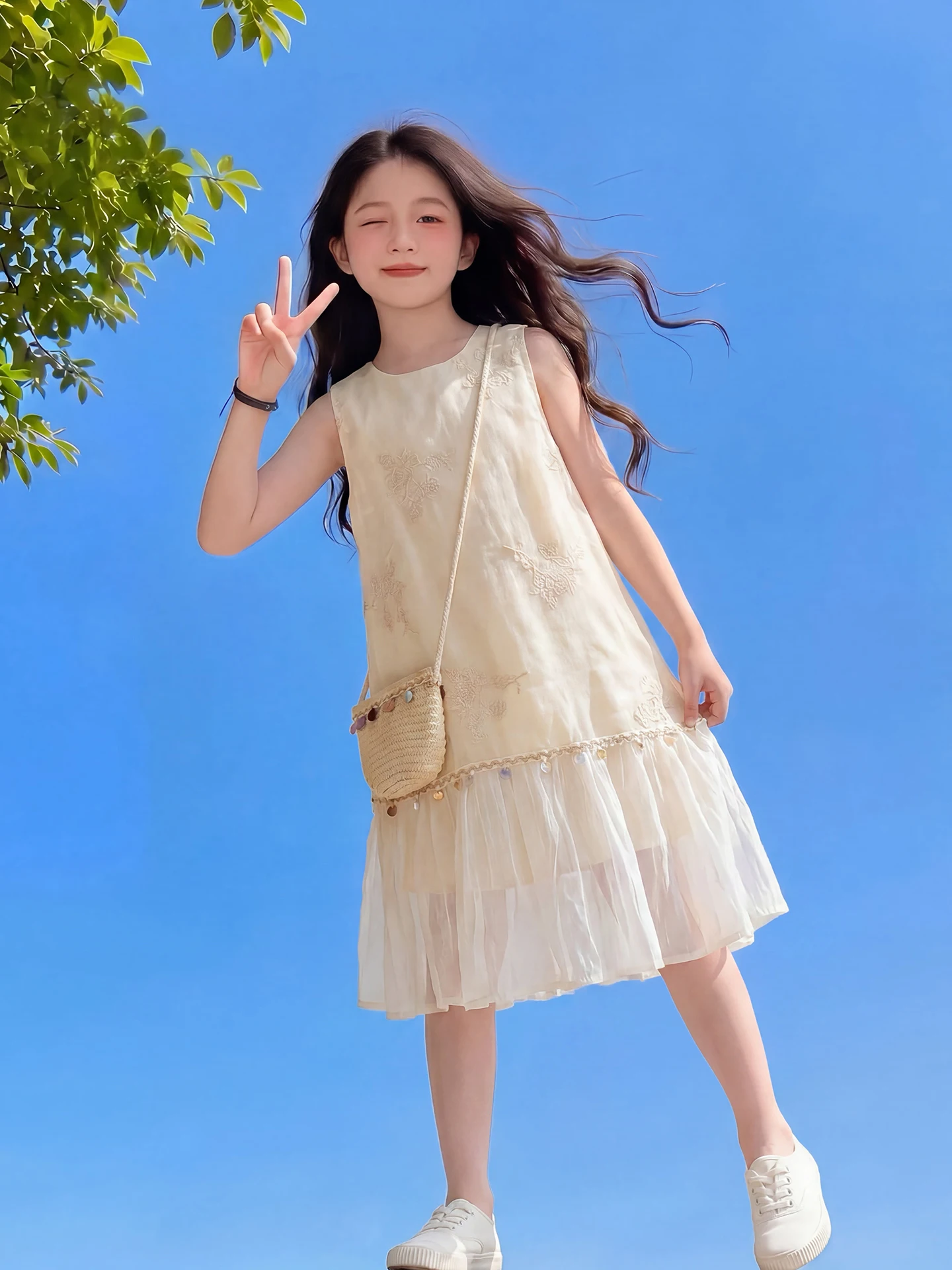 princess-style-embroidered-floral-print-summer-dress-for-girls-children's-fashionable-clothing-midi-skirt-sleeveless-kids