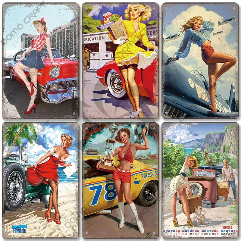 Vintage Car Poster Metal Tin Signs Sexy Girls Classic Car Retro Metal Plate Wall Decor Garage Club Pub Man Cave