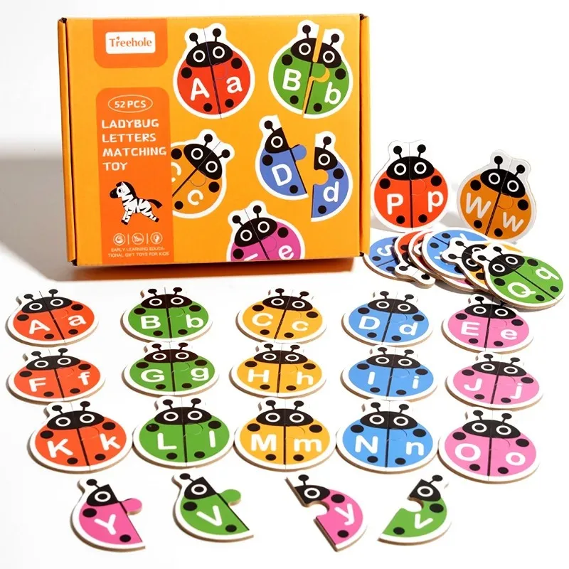 'Puzzle coordinato con alfabeto coccinella in legno, carte fronte-retro, giocattolo didattico con parole e lettere per bambini, gioco da tavolo interattivo