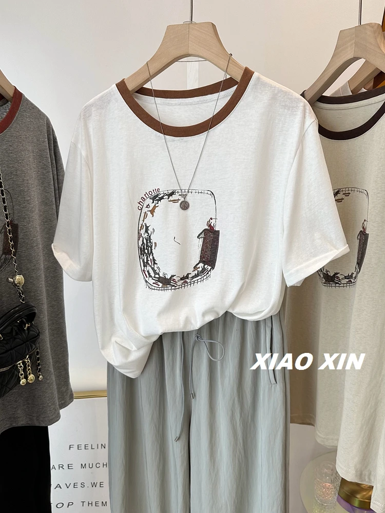 Camiseta de Algodão com Estampa de Animais em Cartoon Tamanho Grande 300 Pou Fun para Mulheres Verão Cor Blo redonda Ne Snowflake