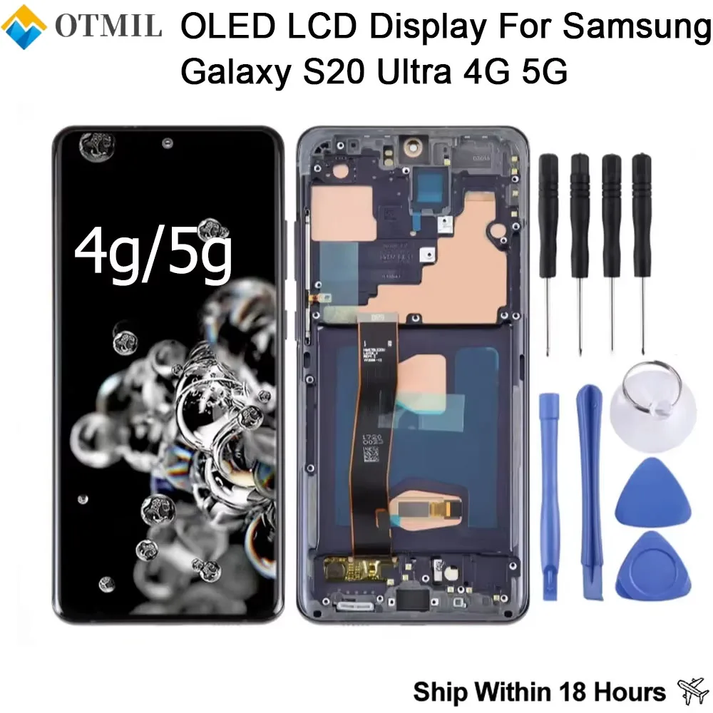 OLED LCD Display For Samsung Galaxy S20 Ultra 4G 5G G988B/DS G988B G988 G9880 Frame Fingerprint Curved Screen With Repair Kit