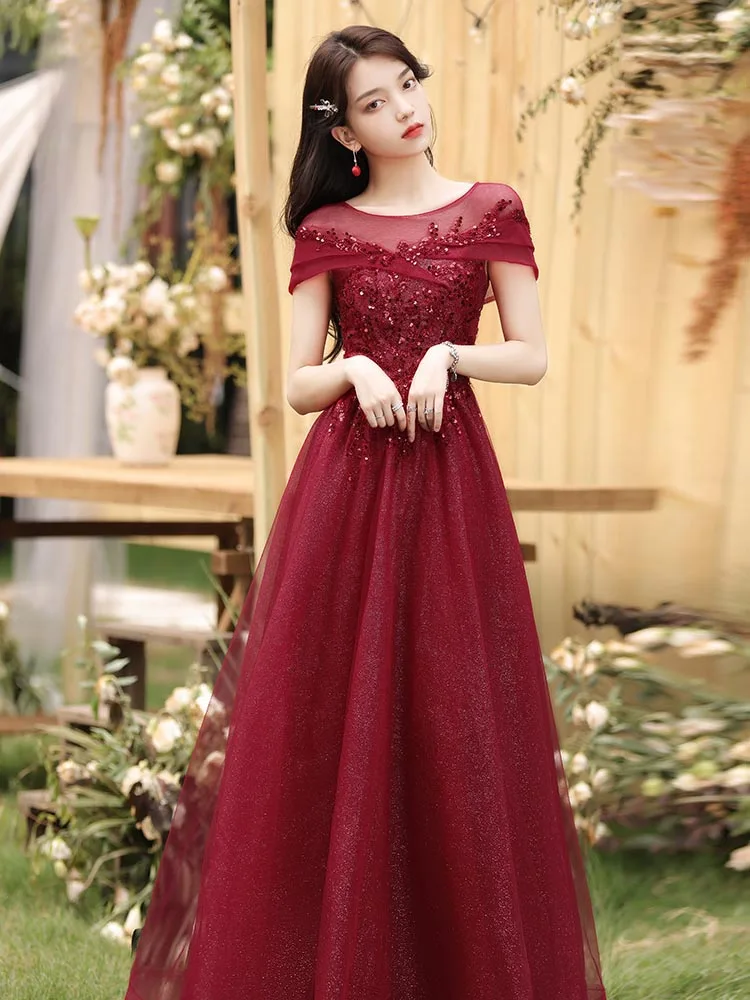 Elegant Women Evening Dress Vintage Glitter O-Neck Floor-Length Wedding Prom Dress Chic Sequins Lace Up Banquet Gowns