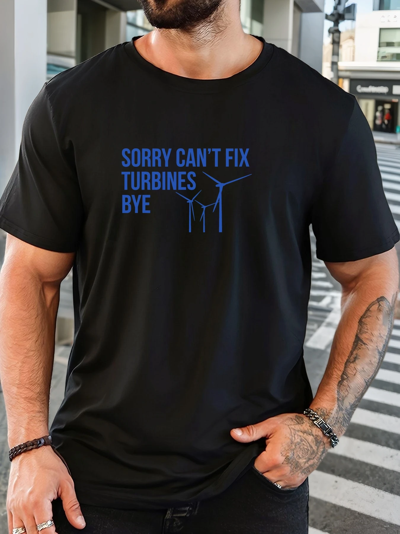 

Men's SORRY CAN'T FIX TURBINES BYE pattern summer casual crew neck short T-shirt