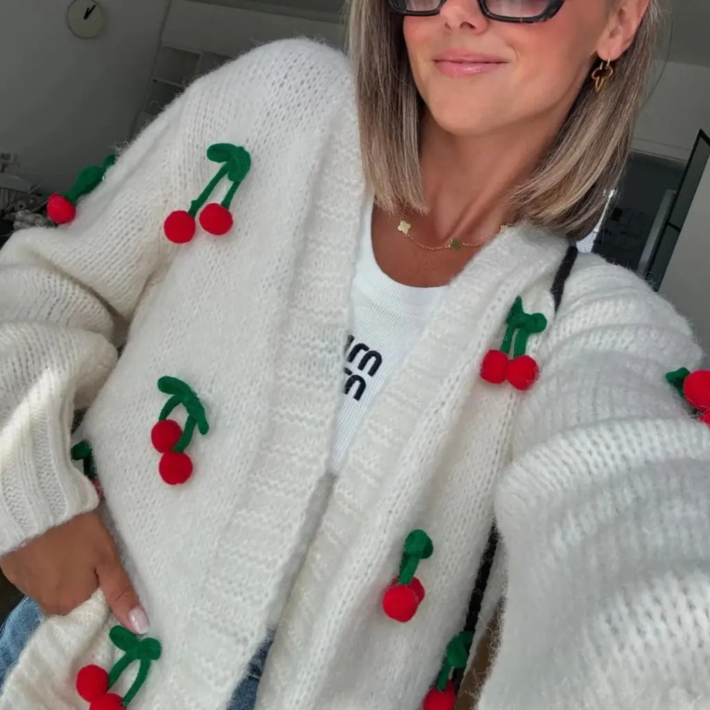 

Cherry Decorated Long Sleeve Knitted Cardigan Casual Style European And American Cross Border Autumn Winter Sweater Coat