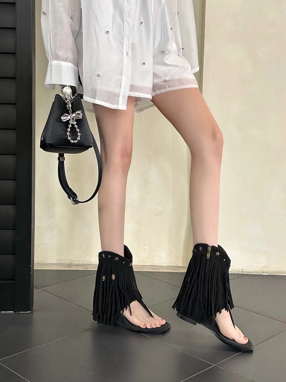 Clip Toe Women Sandals Boots Black Beige Brown Side Zipper Flat Mid Heels Retro Cut Summer Short Boots For Woman Size 35-39