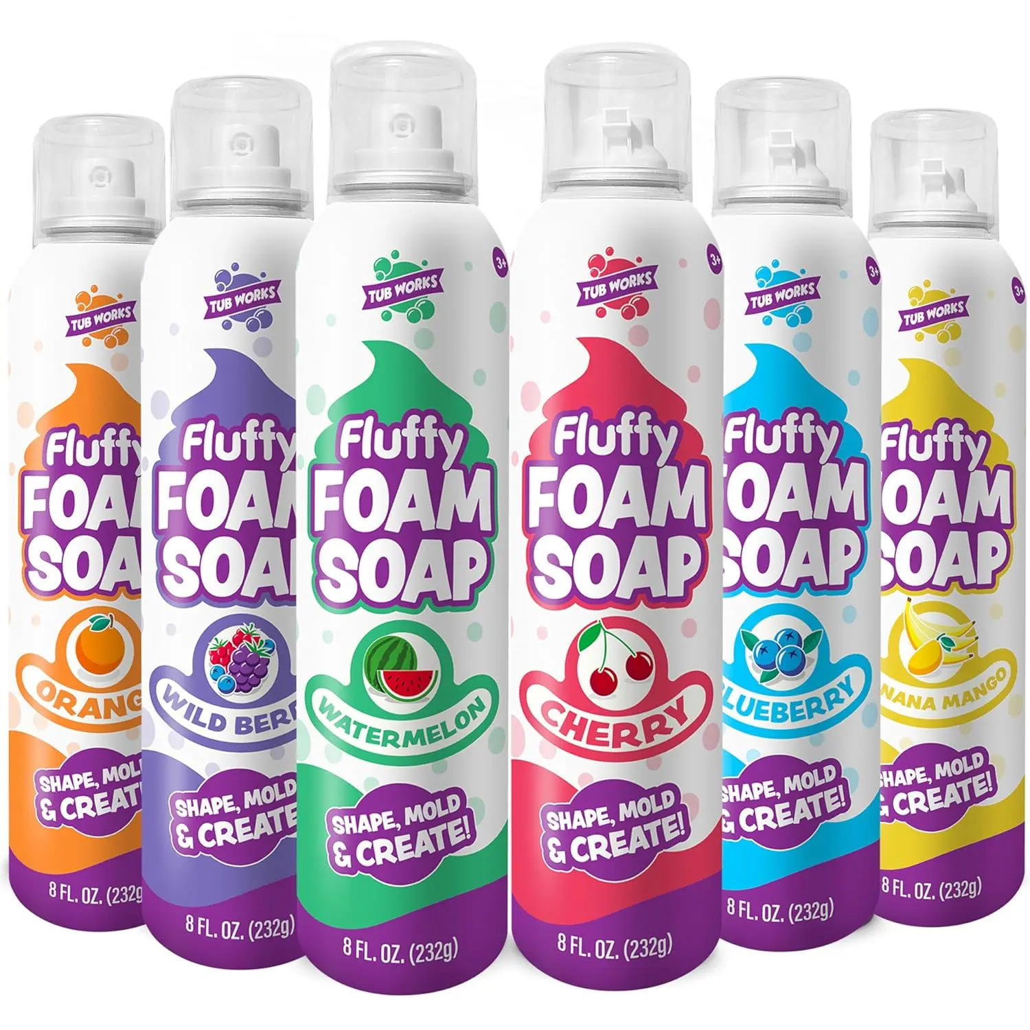 Fluffy Foam Soap Variety 6 Pack, Shape & Mold Bath Art for Kids, Gentle Cleansing with Easy-Use Spray Nozzles, Fruity Fun Colors