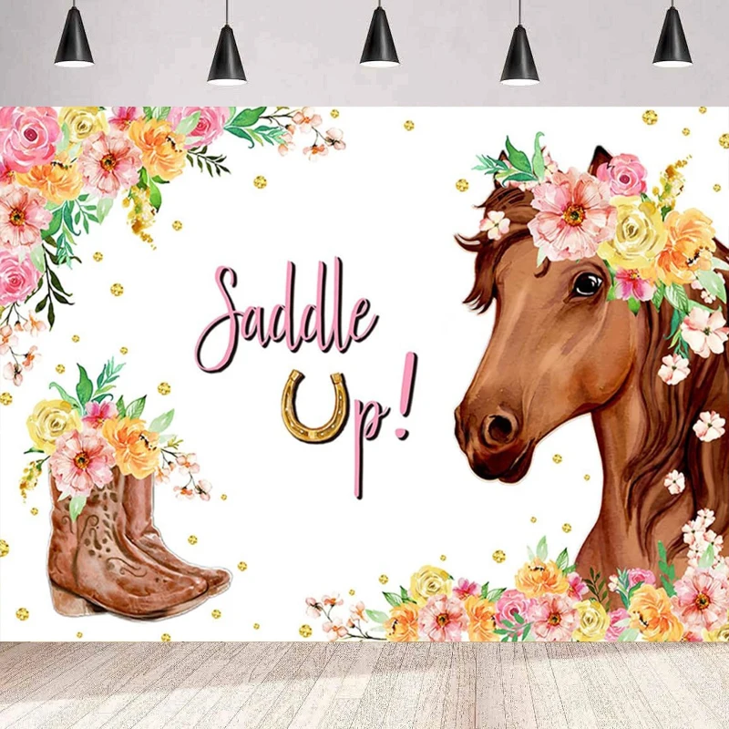 Photography Backdrop Saddle Up Cowgirl Horse Birthday Background Wall Banner Pink Floral Cowgirl Western Baby Shower Party Decor