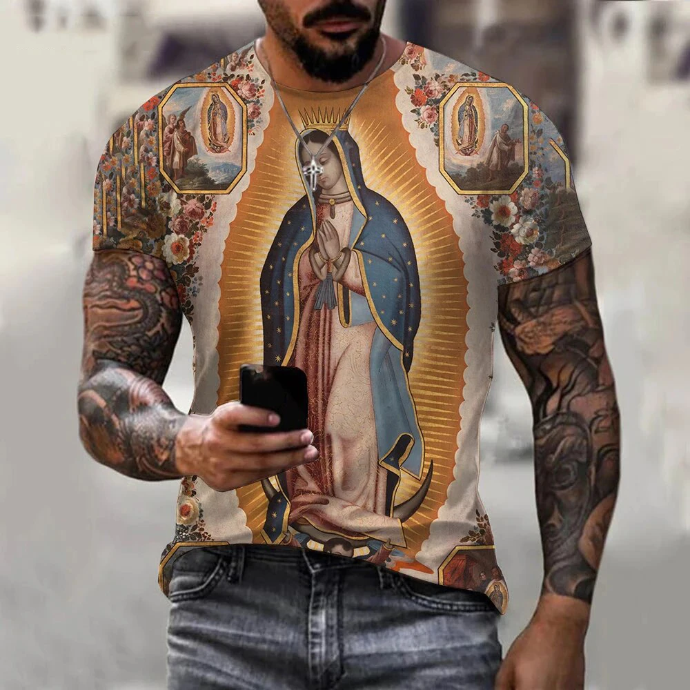Virgin Mary Our Lady of Guadalupe 3D Print T Shirt Men Women Casual Short Sleeve T-Shirts Harajuku Tees Tops Street Man Clothing