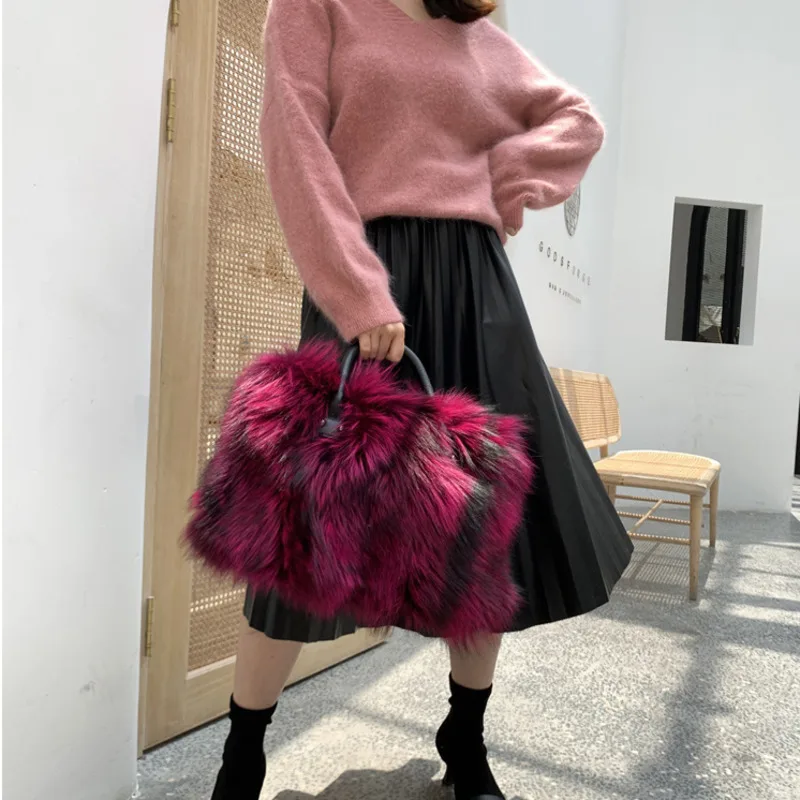 Real Fox Fur Bag Woman Crossbody Bags Ladies Furry Casual Fur Handbag Shoulder Bags Clutch Bag Fuzzy Luxury Evening Party Bag