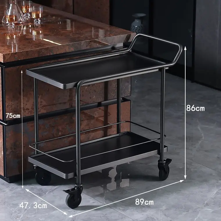 2-Tier Black Metal Rolling Utility Cart With Lockable Wheels Handle Bar For Hotel Restaurant Kitchen Dining Serving Storage