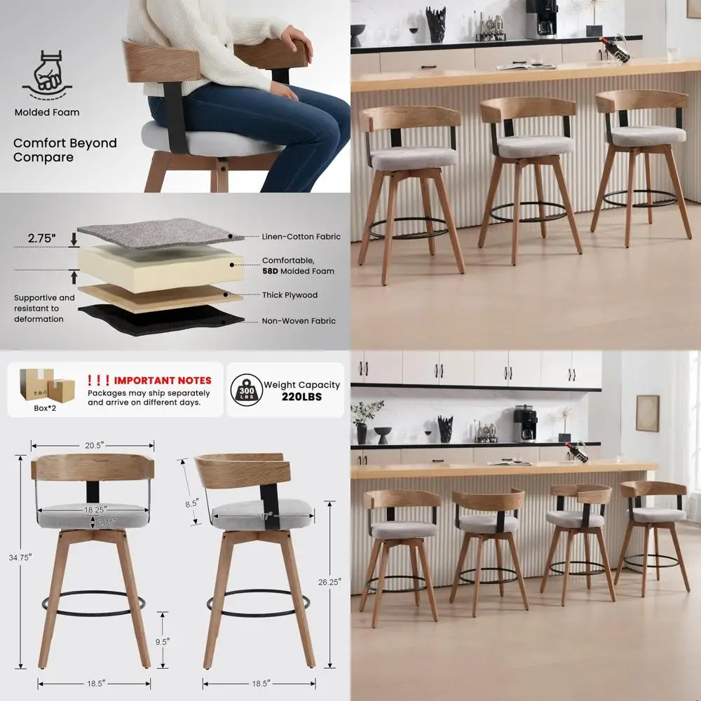 

360-Degree Swivel Bar Stool Set of 3, 26 Counter Height, Grey Linen Upholstered, with Footrest and Backrest for Kitchen Island &