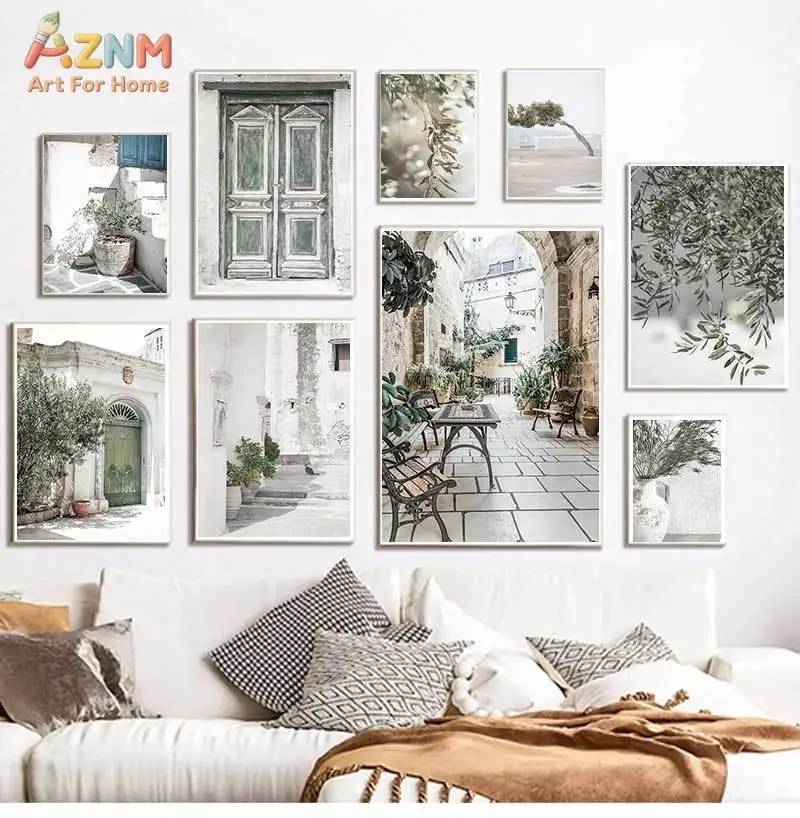 AZNM Neutral Mediterranean Town Canvas Wall Art Vintage Old Door Olive Branch Street Scenery Print Unframed Canvas Boho Farmhous