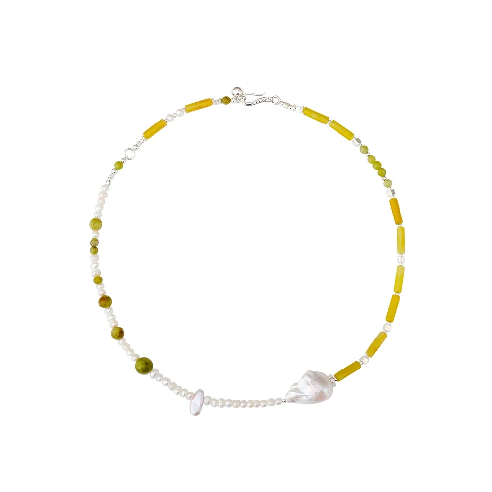 AB/ Handmade beaded fresh lemon Natural gemstone Pearl 925 silver necklace for women.